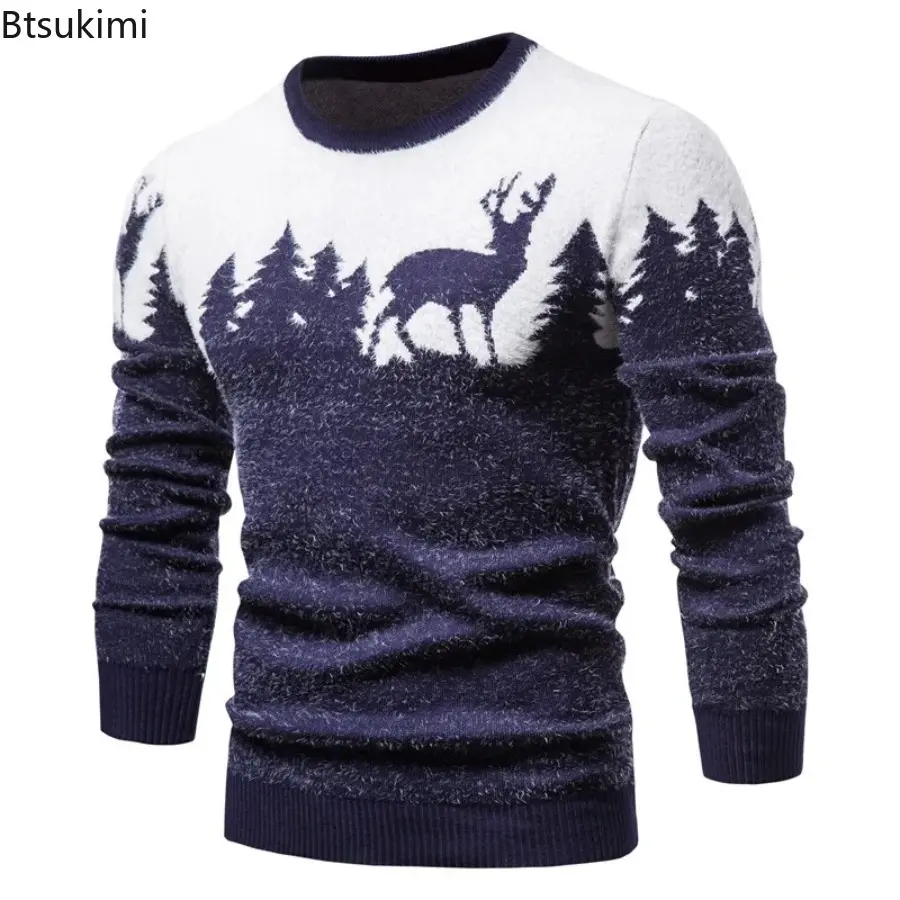 Autumn and Winter Men's Knitted Animal Sweater Casual Christmas Tree Deer Pullover Vintage Slim Fit Sweaters Male Clothes Top