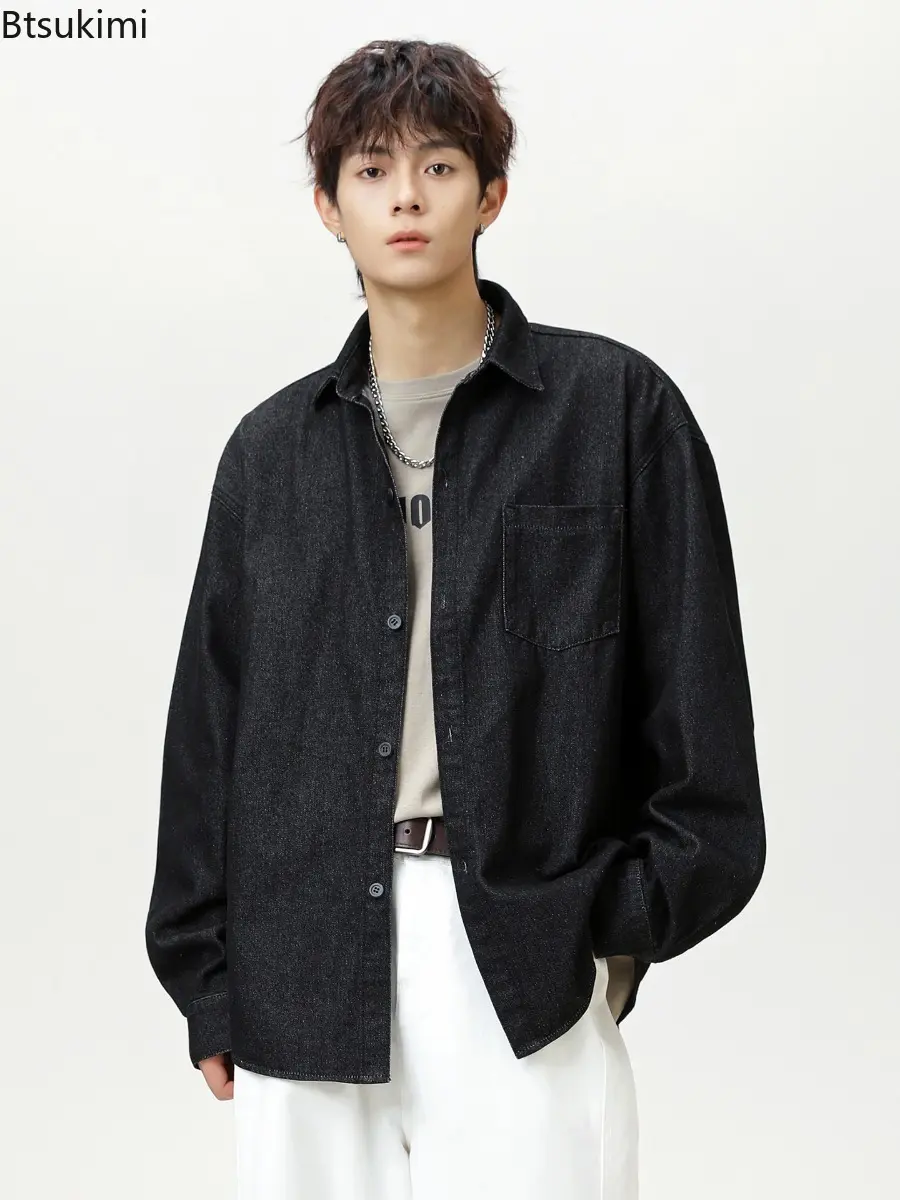 Men's Single Breasted Long Sleeve Shirt with Pocket Autumn Solid Color Loose Trendy Casual Denim Shirt Jacket Fashion Handsome