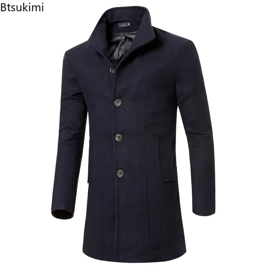 Men's Autumn Winter Warm Woolen Trench Jacket Solid Slim Woollen Jacket Coats Fashion Windproof Stand Collar Long Outwear Male