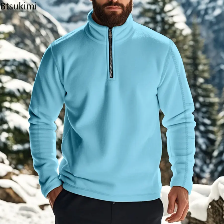New 2025 Autumn Winter Men's Solid Color Heavy Compound Fleece Outdoor Long Sleeve Zipper Stand-Up Collar Bottom Sweater for Men