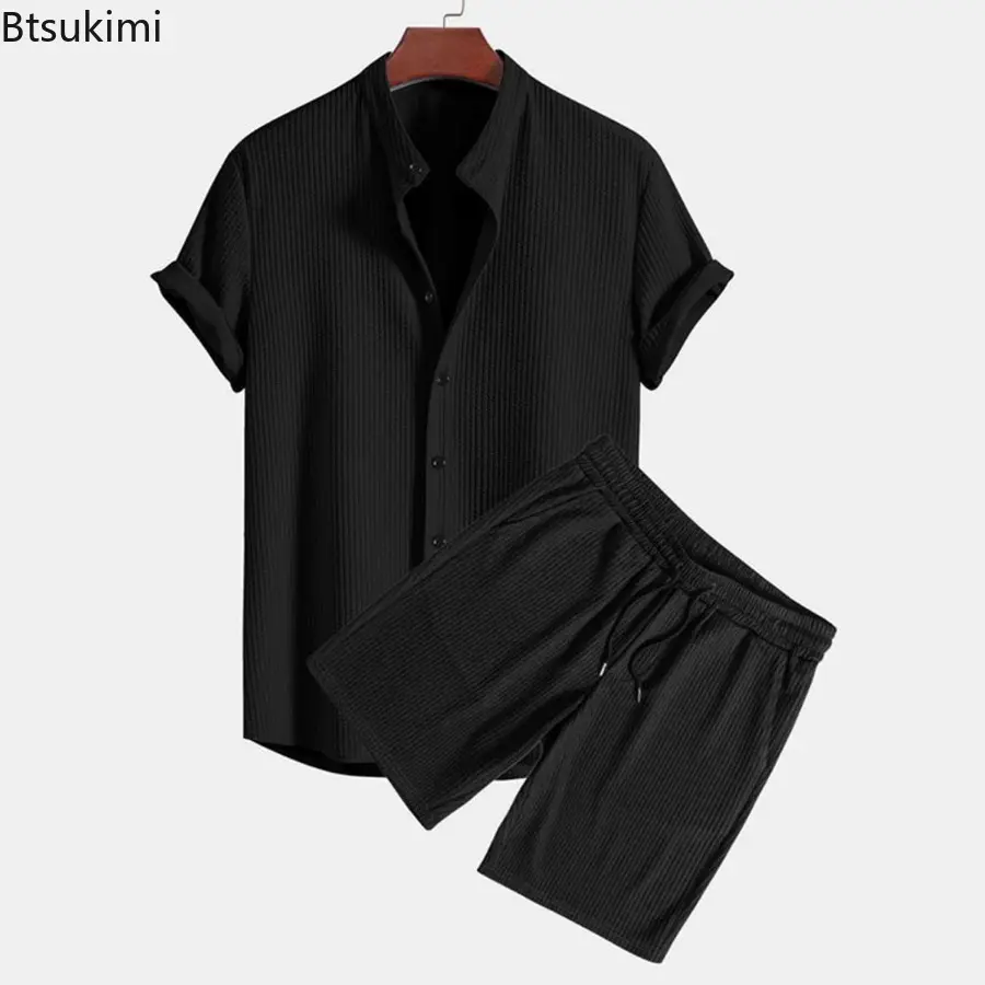 2025 Men's Shorts Sets Fashion Solid Vacation Beach Outfit Summer Tracksuits Lapel Button Shirt and Shorts Casual Two Piece Sets