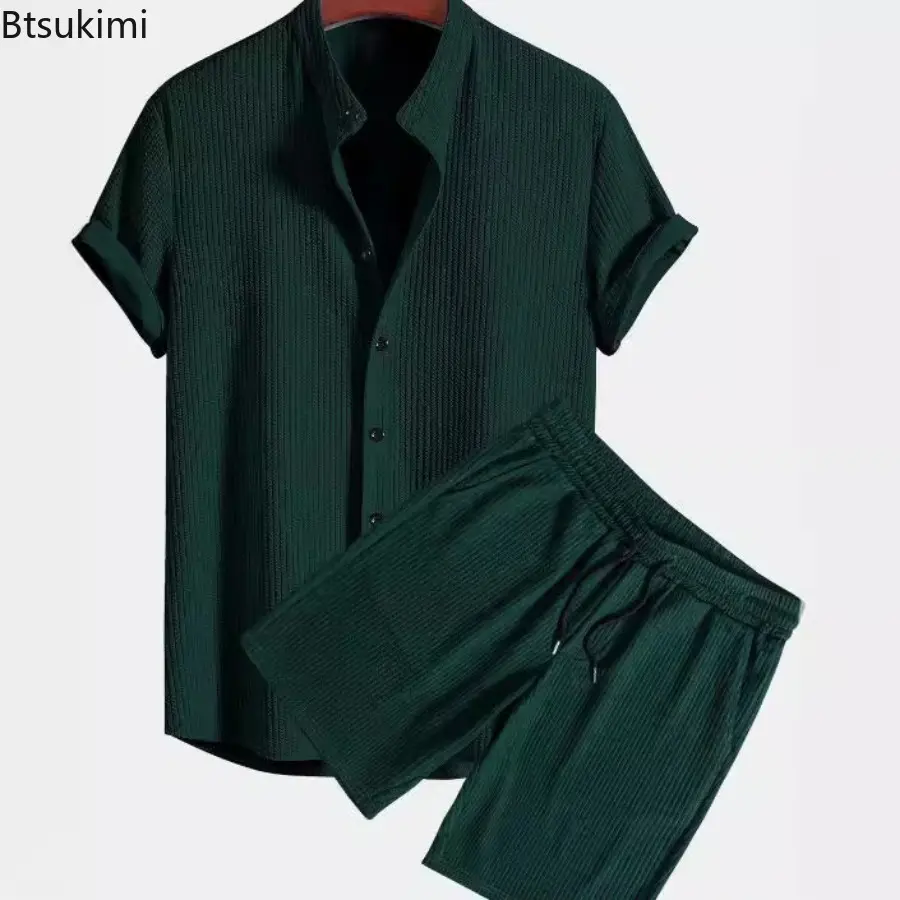 2025 Men's Shorts Sets Fashion Solid Vacation Beach Outfit Summer Tracksuits Lapel Button Shirt and Shorts Casual Two Piece Sets