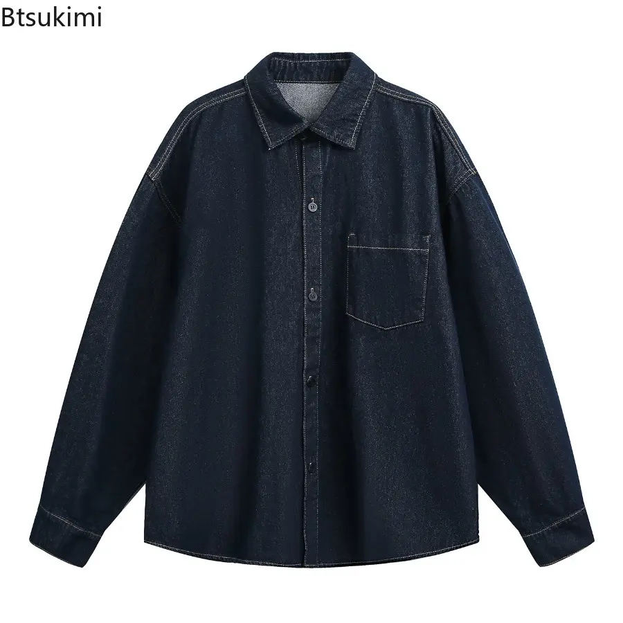 Men's Single Breasted Long Sleeve Shirt with Pocket Autumn Solid Color Loose Trendy Casual Denim Shirt Jacket Fashion Handsome
