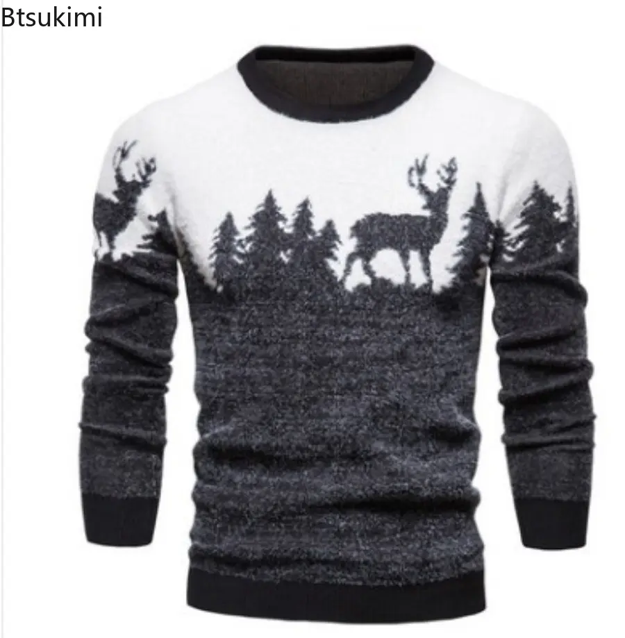 Autumn and Winter Men's Knitted Animal Sweater Casual Christmas Tree Deer Pullover Vintage Slim Fit Sweaters Male Clothes Top