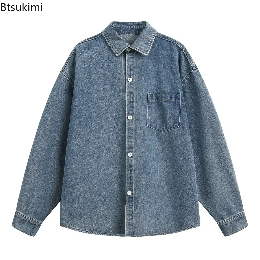 Men's Single Breasted Long Sleeve Shirt with Pocket Autumn Solid Color Loose Trendy Casual Denim Shirt Jacket Fashion Handsome