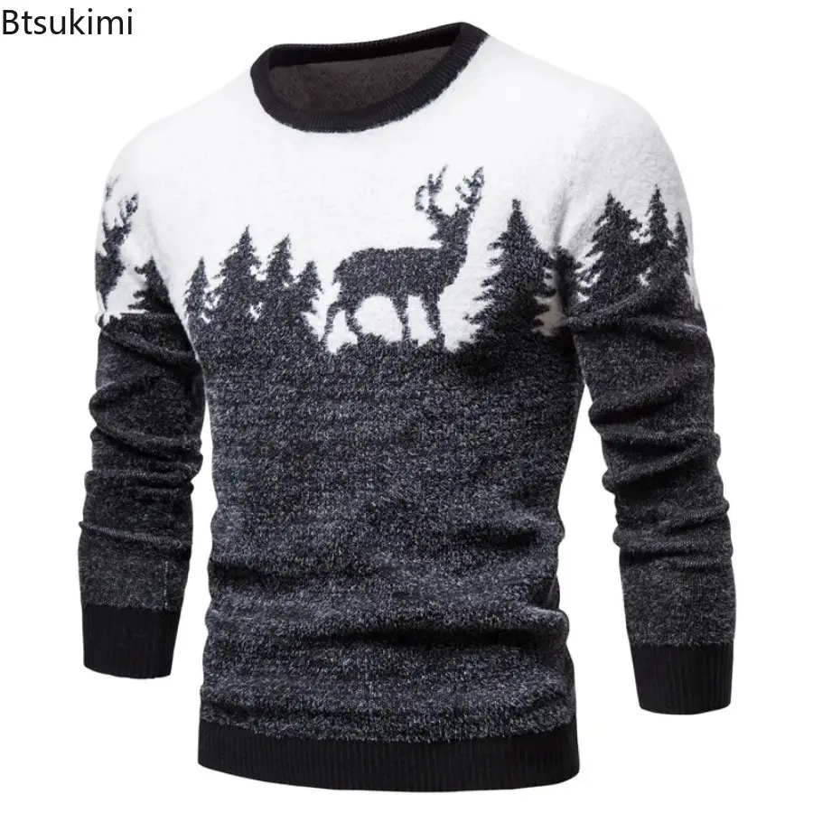 Autumn and Winter Men's Knitted Animal Sweater Casual Christmas Tree Deer Pullover Vintage Slim Fit Sweaters Male Clothes Top