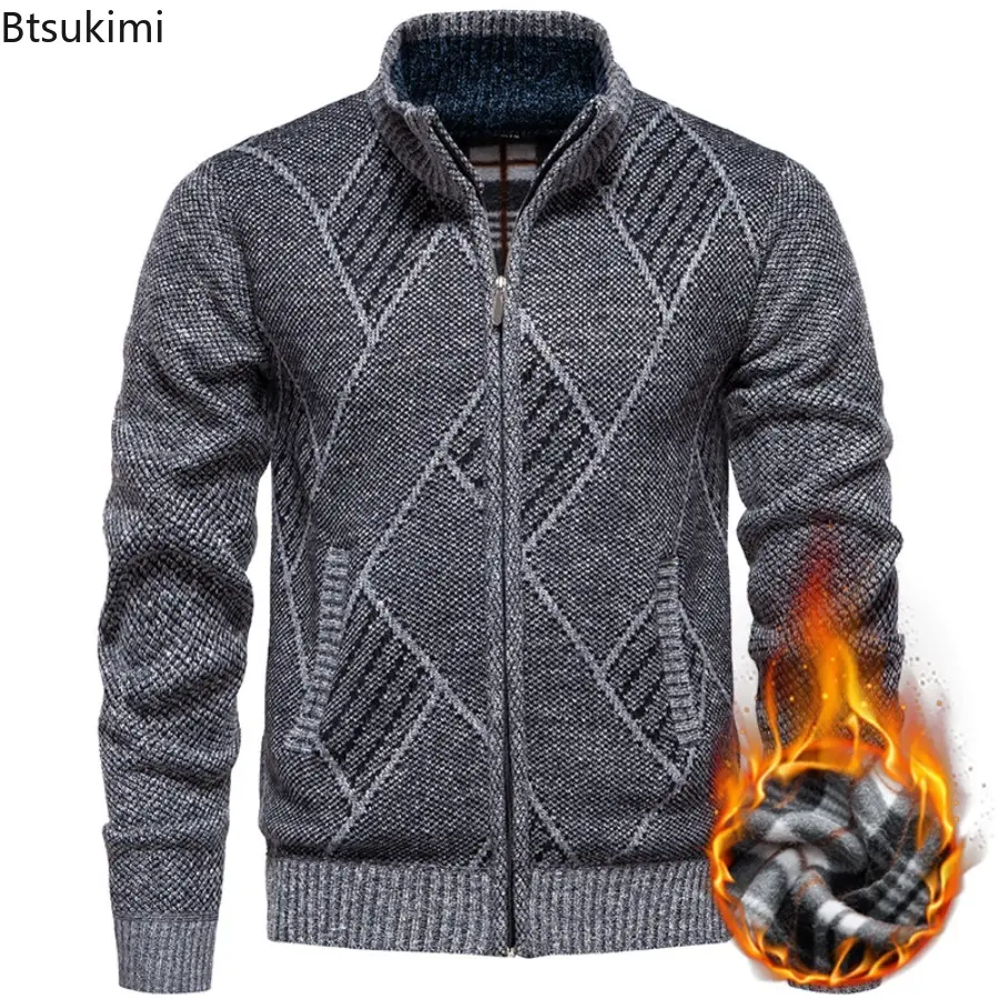 2025 New' Winter Men's Fleece Cardigan Fashion Knit Sweater Coat Business Casual Jacket High Quality Male Wool Cashmere Clothing