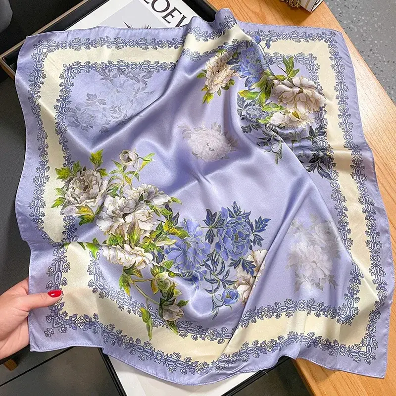 Luxury 2024 Floral Print Square Silk Scarf for Women Hijab Hair Bands Neckerchief Female Satin Shawl Ribbon Headband Fashion