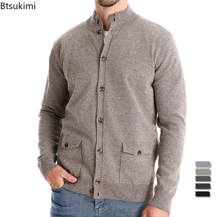 2025 Autumn and Winter Men's Fashion Knit Cardigan Sweater Solid Color Casual Single-breasted Sweater with Pockets Male Jacket