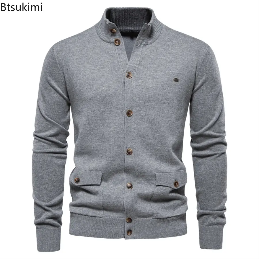 2025 Autumn and Winter Men's Fashion Knit Cardigan Sweater Solid Color Casual Single-breasted Sweater with Pockets Male Jacket