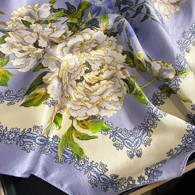 Luxury 2024 Floral Print Square Silk Scarf for Women Hijab Hair Bands Neckerchief Female Satin Shawl Ribbon Headband Fashion