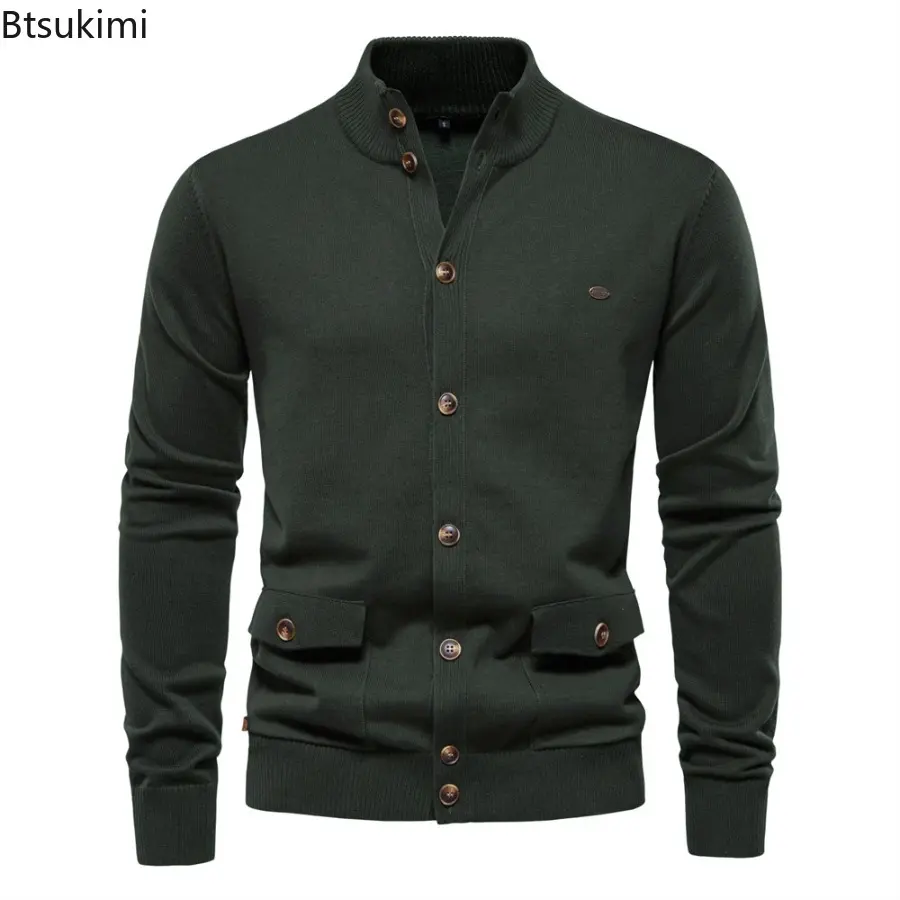 2025 Autumn and Winter Men's Fashion Knit Cardigan Sweater Solid Color Casual Single-breasted Sweater with Pockets Male Jacket