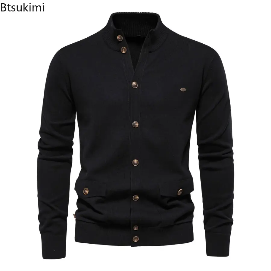 2025 Autumn and Winter Men's Fashion Knit Cardigan Sweater Solid Color Casual Single-breasted Sweater with Pockets Male Jacket