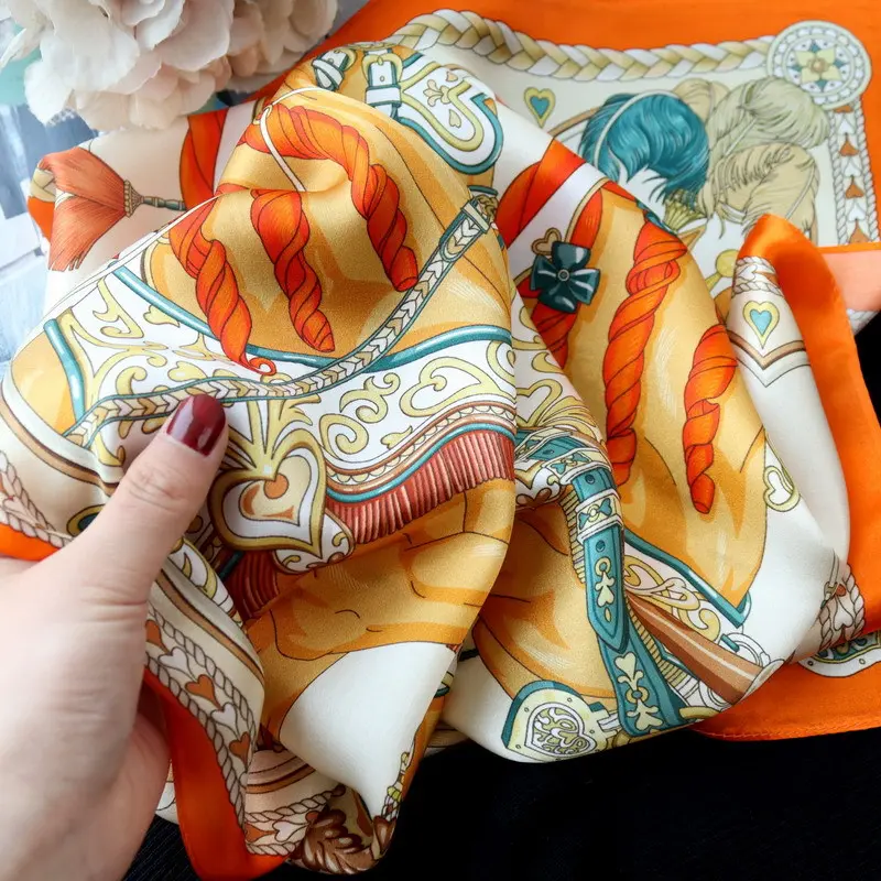 Luxury Design 70*70cm Horse Print Silk Square Scarf Women Soft Satin Hairband Neckerchief Office Hijab Headband 2024