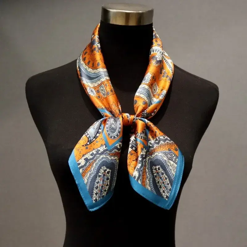 Spring/Summer Orange Imitation Silk Neckerchief Outdoor Decoration Wraps for Women 70*70cm Cashew Print Square Scarf