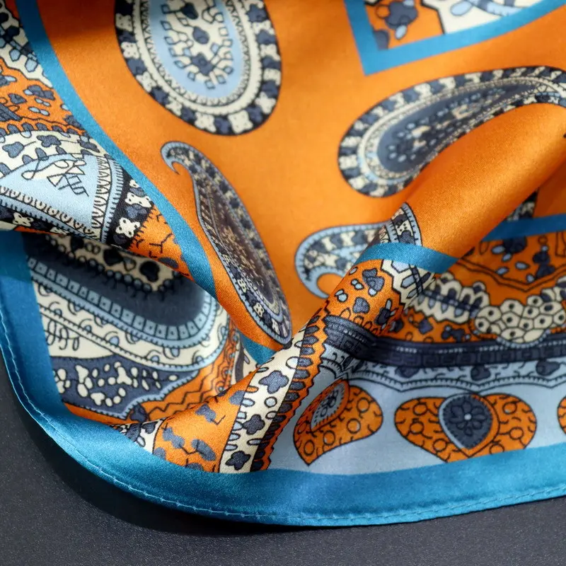 Spring/Summer Orange Imitation Silk Neckerchief Outdoor Decoration Wraps for Women 70*70cm Cashew Print Square Scarf