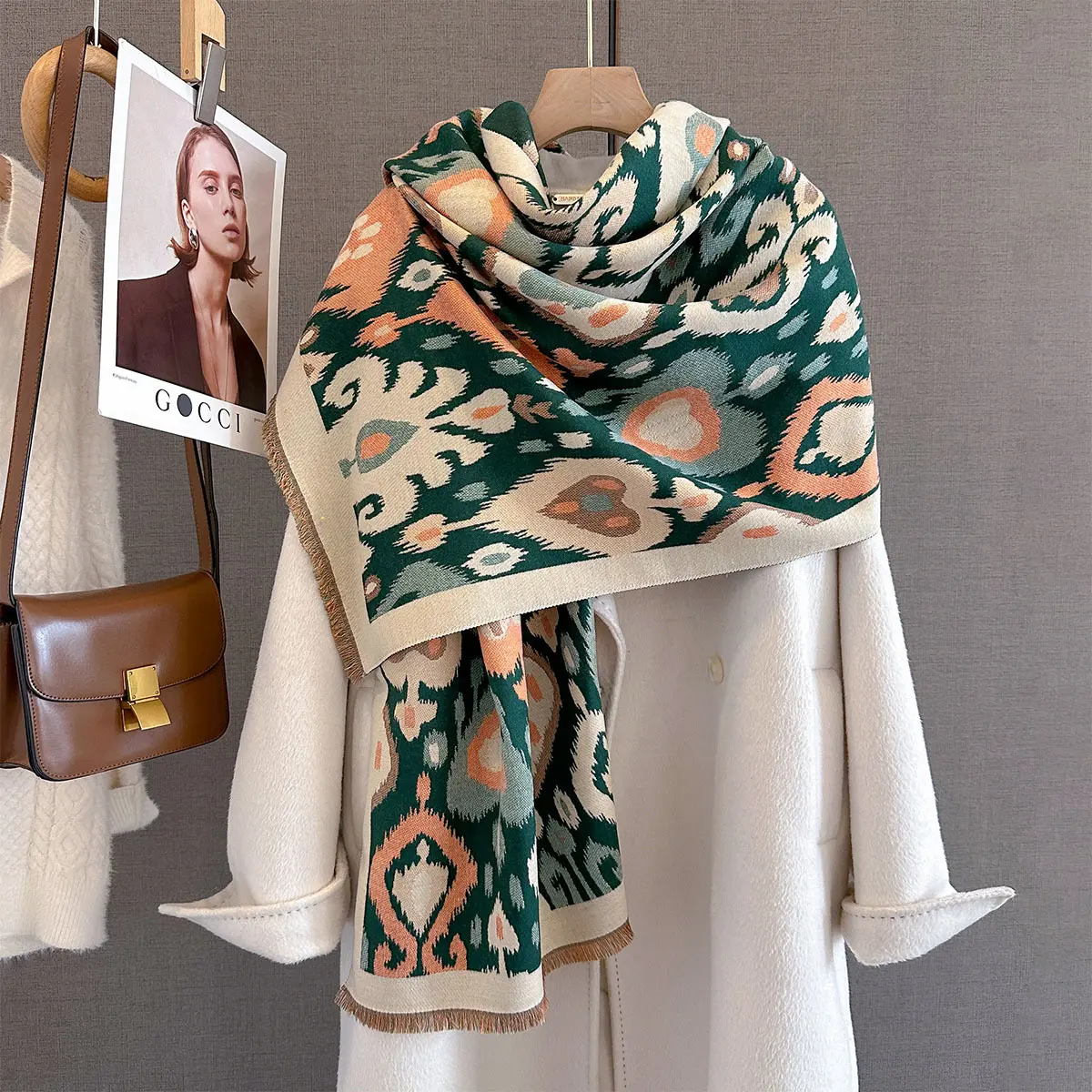 Imitation Cashmere Length Tassel Scarf Women's Retro Print Warps Autumn/Winter Warm Thick Shawl Coldproof Blanket