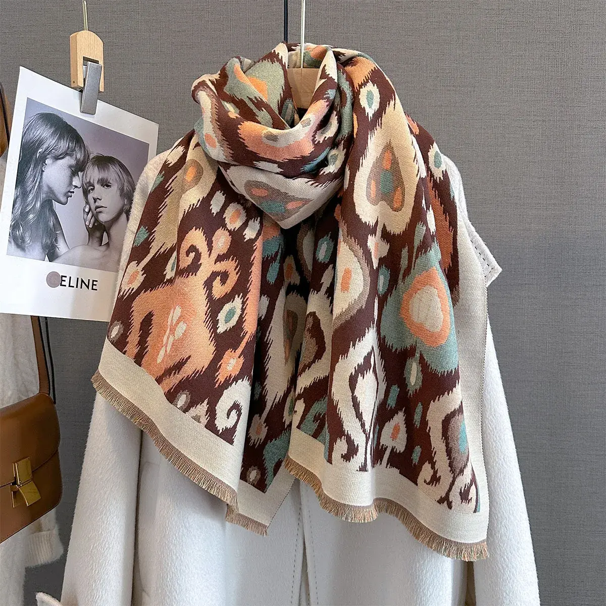 Imitation Cashmere Length Tassel Scarf Women's Retro Print Warps Autumn/Winter Warm Thick Shawl Coldproof Blanket