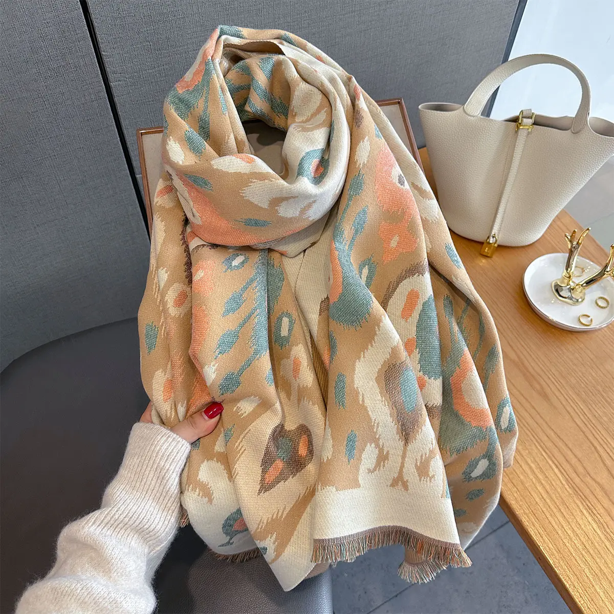 Imitation Cashmere Length Tassel Scarf Women's Retro Print Warps Autumn/Winter Warm Thick Shawl Coldproof Blanket