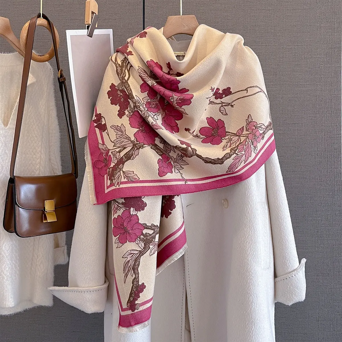 Autumn/Winter Warm Scarf Imitation Cashmere Tassel Scarf For Women Floral Print Length Shawl Warps Coldproof Windproof Blanket