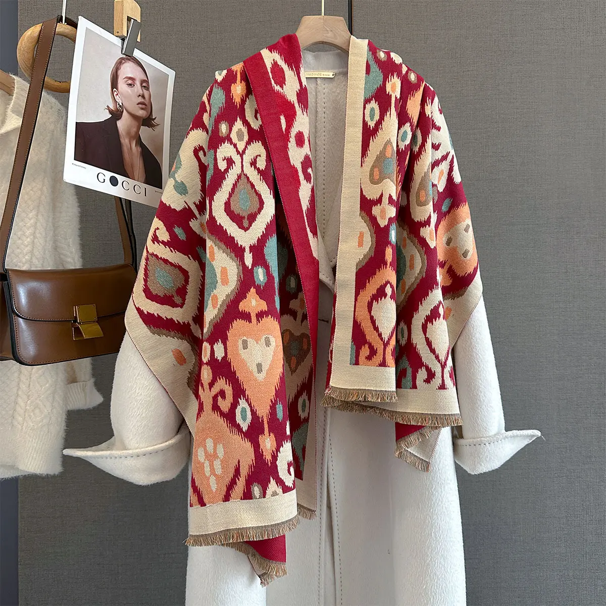 Imitation Cashmere Length Tassel Scarf Women's Retro Print Warps Autumn/Winter Warm Thick Shawl Coldproof Blanket