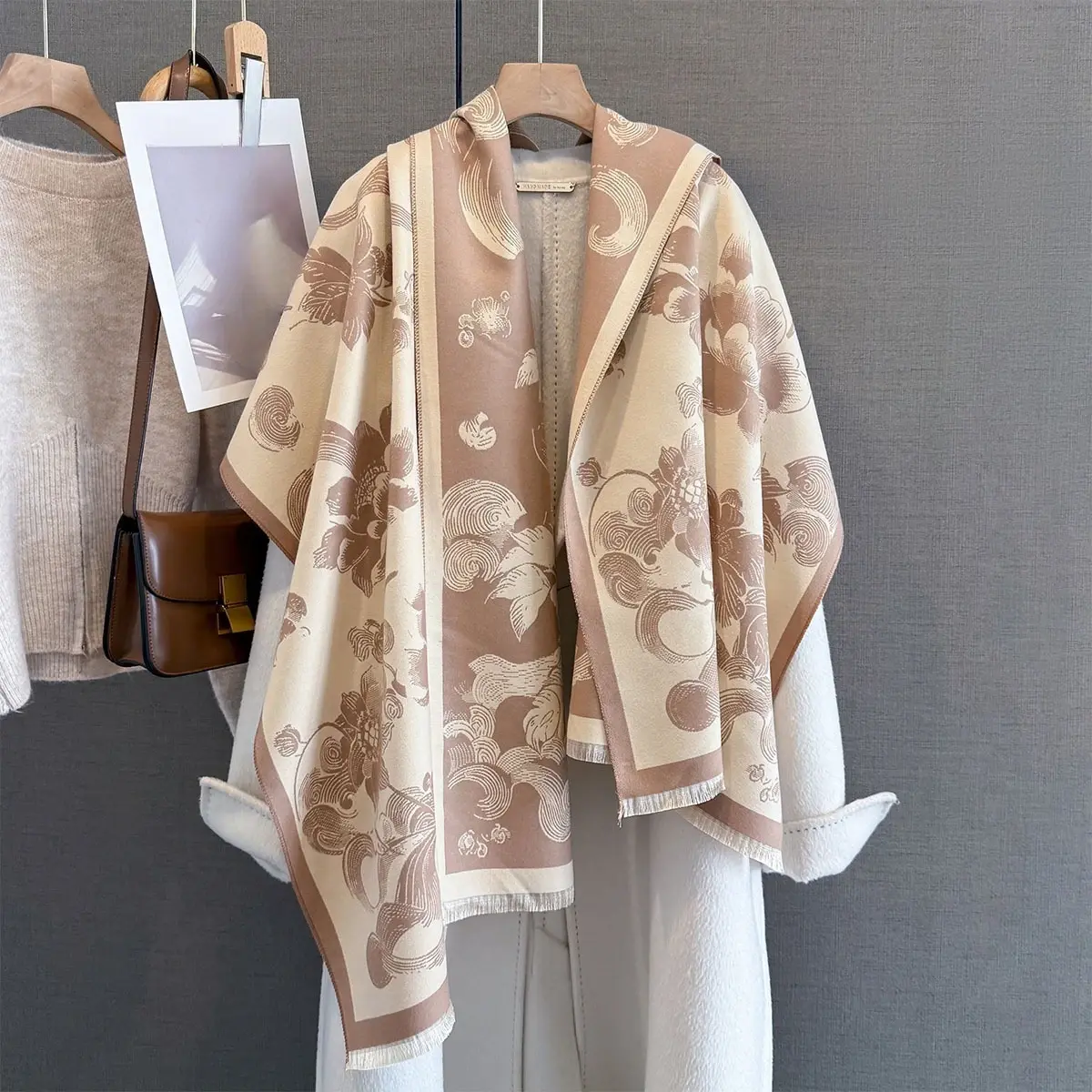 Imitation Cashmere Length Tassel Scarf  Women's Floral Print Autumn/Winter Warm Thick Shawl Warps Coldproof Windproof Blanket