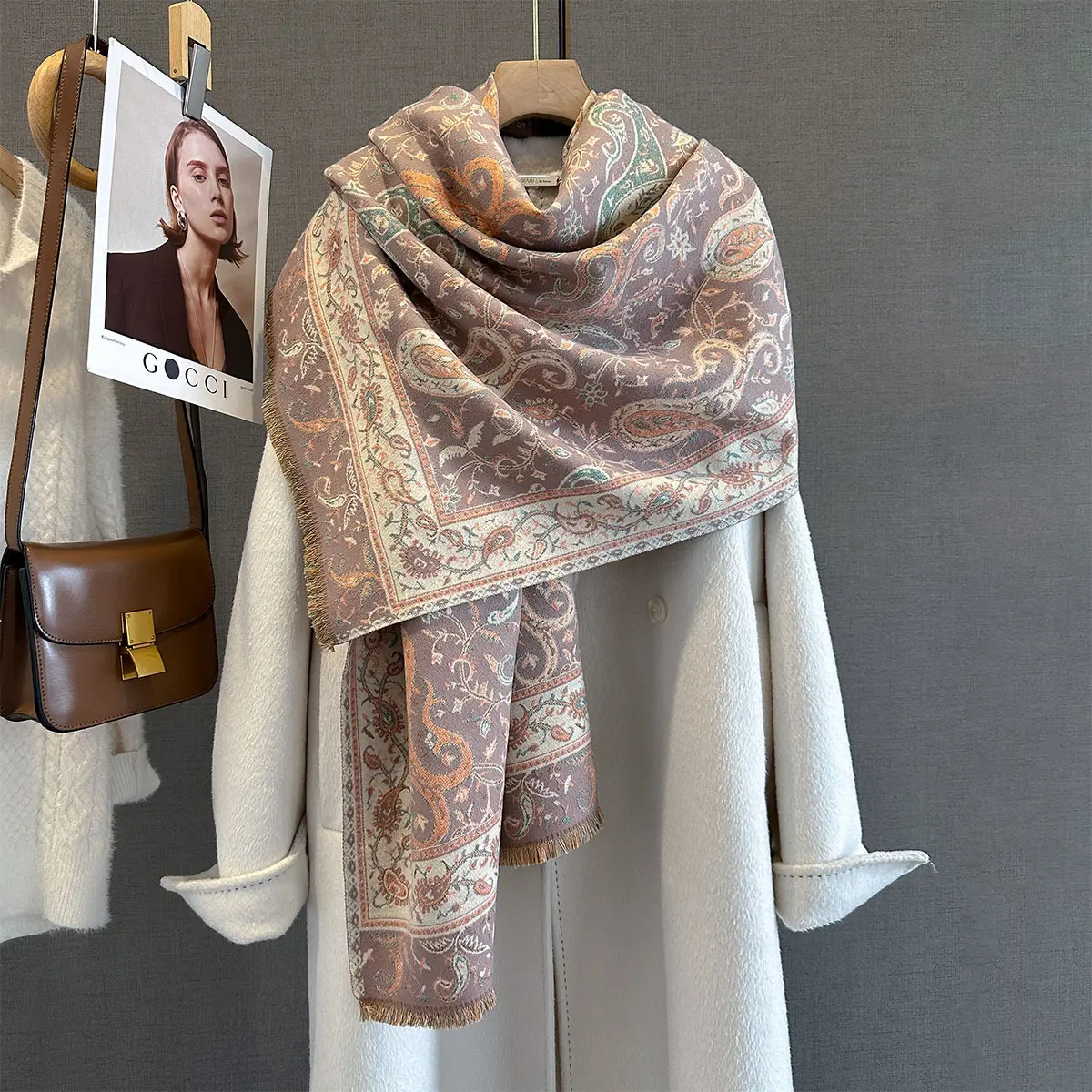 Autumn/Winter Warm Scarf Cashew Print Tassel Shawl Women's Imitation Cashmere Thick Scarf Warps Coldproof Blanket