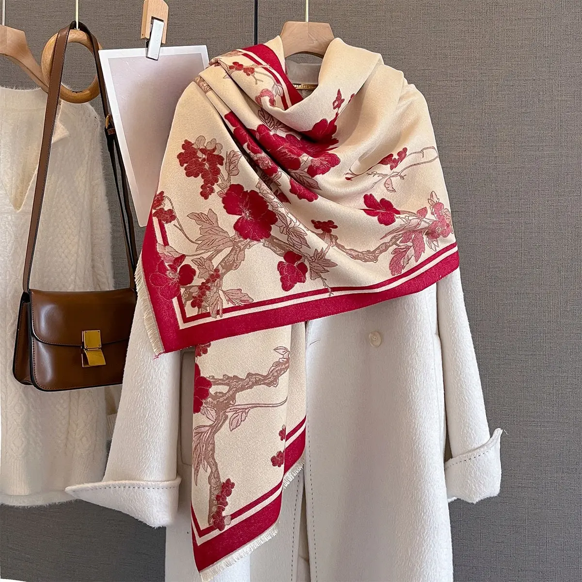 Autumn/Winter Warm Scarf Imitation Cashmere Tassel Scarf For Women Floral Print Length Shawl Warps Coldproof Windproof Blanket