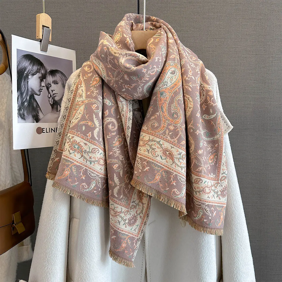 Autumn/Winter Warm Scarf Cashew Print Tassel Shawl Women's Imitation Cashmere Thick Scarf Warps Coldproof Blanket