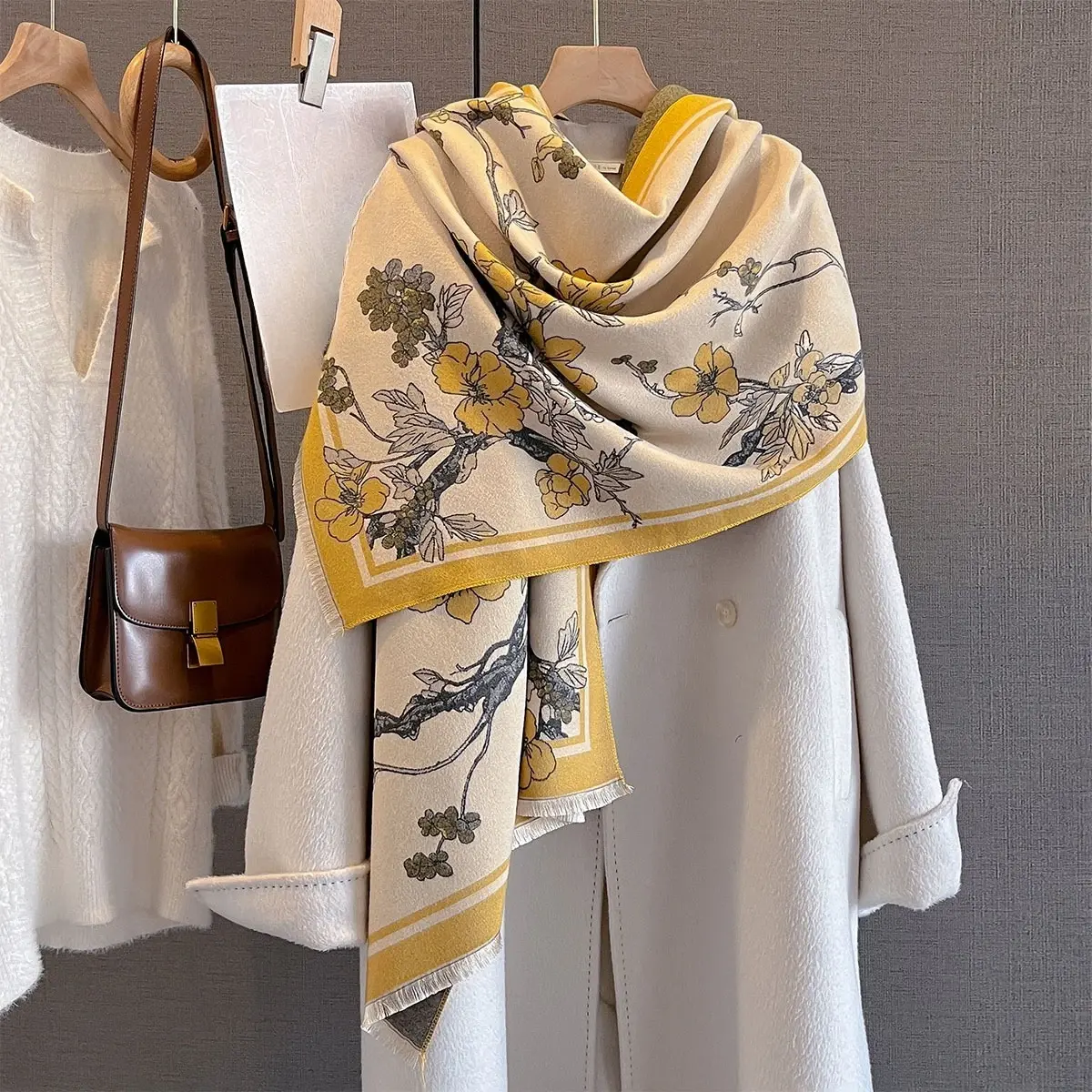 Autumn/Winter Warm Scarf Imitation Cashmere Tassel Scarf For Women Floral Print Length Shawl Warps Coldproof Windproof Blanket