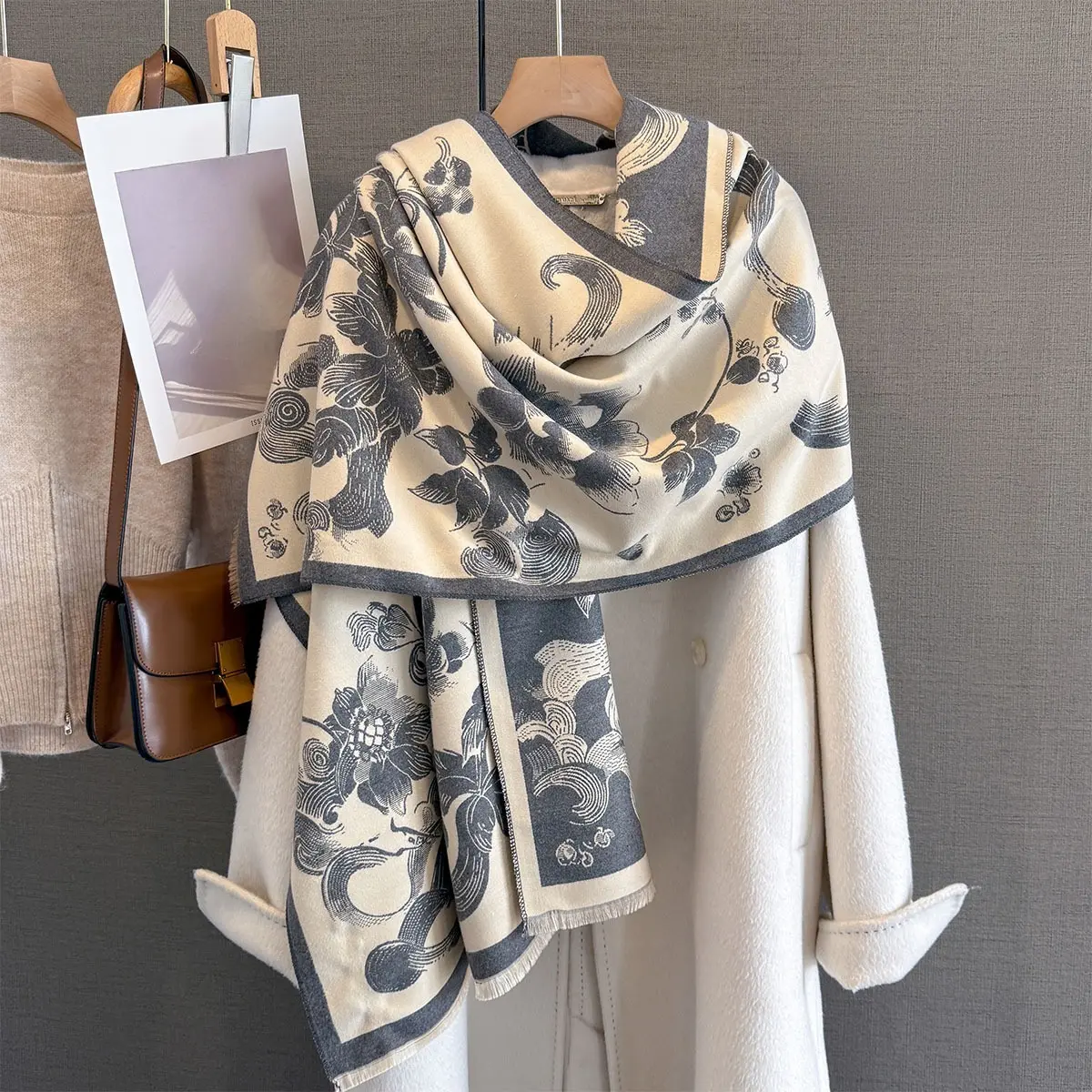 Imitation Cashmere Length Tassel Scarf  Women's Floral Print Autumn/Winter Warm Thick Shawl Warps Coldproof Windproof Blanket