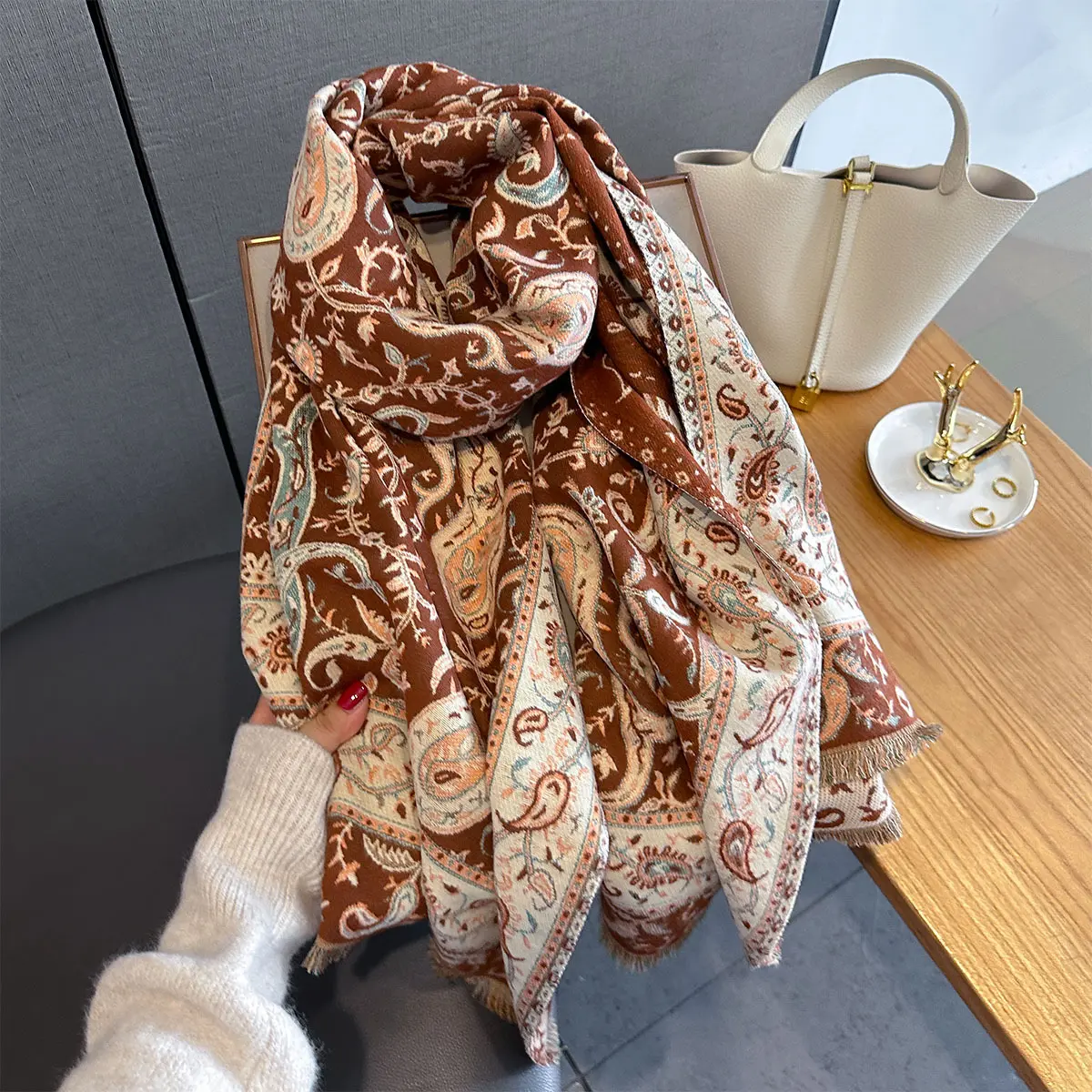 Autumn/Winter Warm Scarf Cashew Print Tassel Shawl Women's Imitation Cashmere Thick Scarf Warps Coldproof Blanket