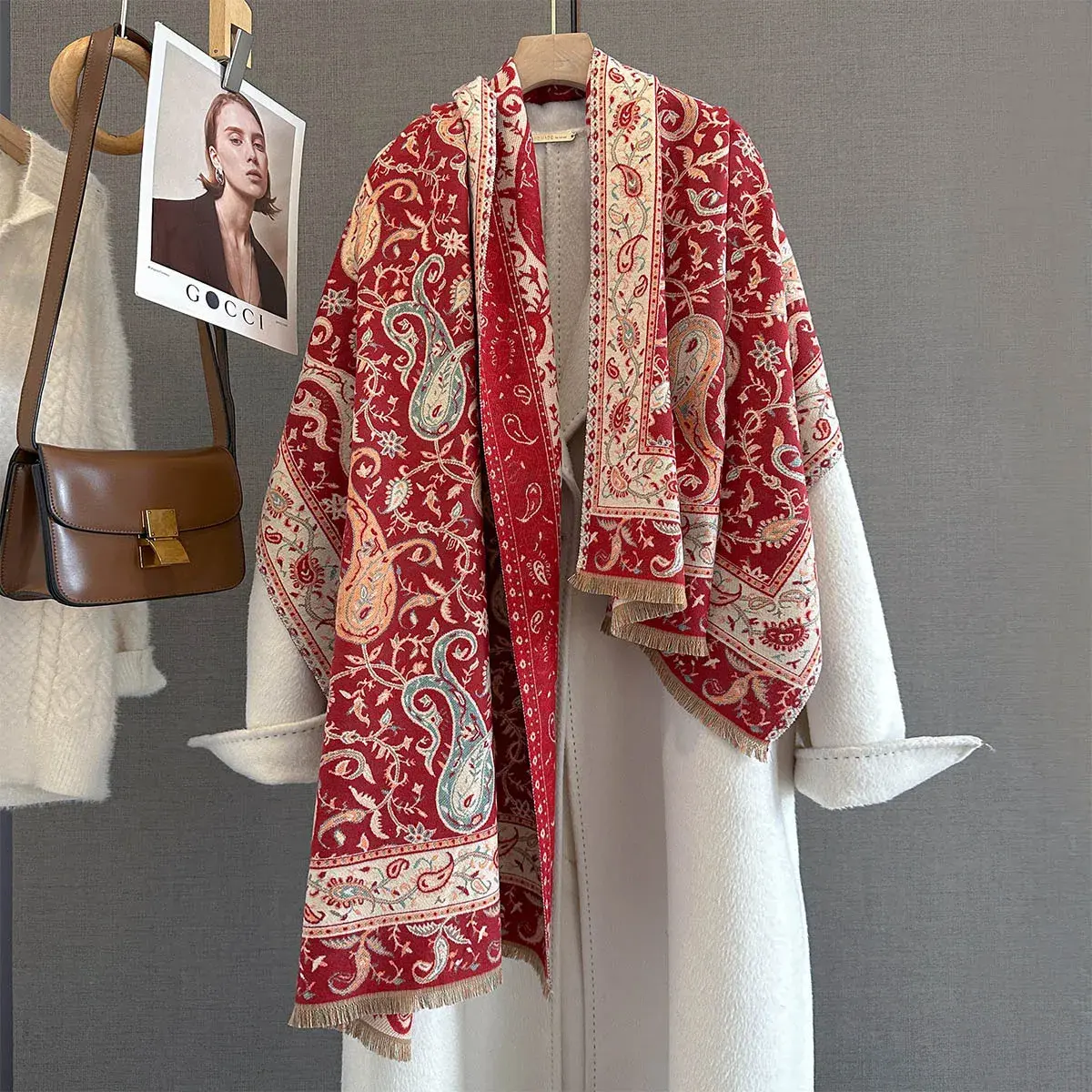 Autumn/Winter Warm Scarf Cashew Print Tassel Shawl Women's Imitation Cashmere Thick Scarf Warps Coldproof Blanket