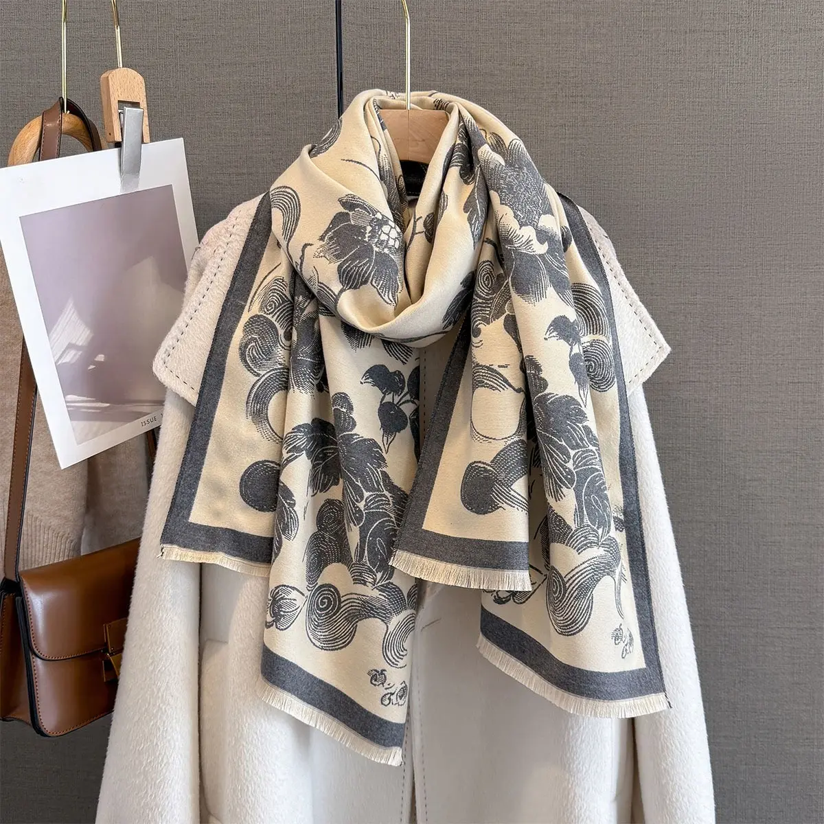 Imitation Cashmere Length Tassel Scarf  Women's Floral Print Autumn/Winter Warm Thick Shawl Warps Coldproof Windproof Blanket