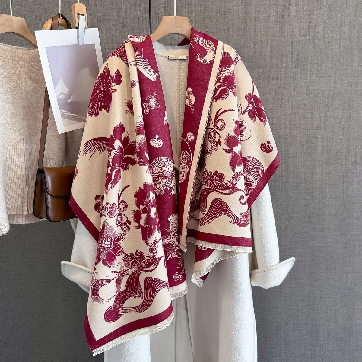 Imitation Cashmere Length Tassel Scarf  Women's Floral Print Autumn/Winter Warm Thick Shawl Warps Coldproof Windproof Blanket