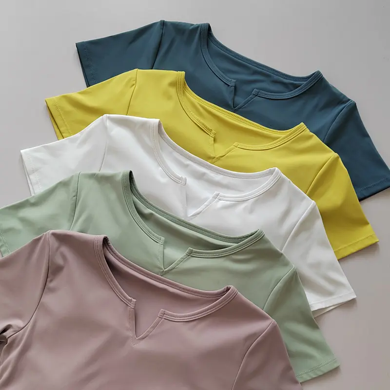 V-neck Tie Breast Pad Yoga Suit Short Sleeve Women's Gym Summer Slim Training Fitness Top Quick Dry Running T-shirt Clothing