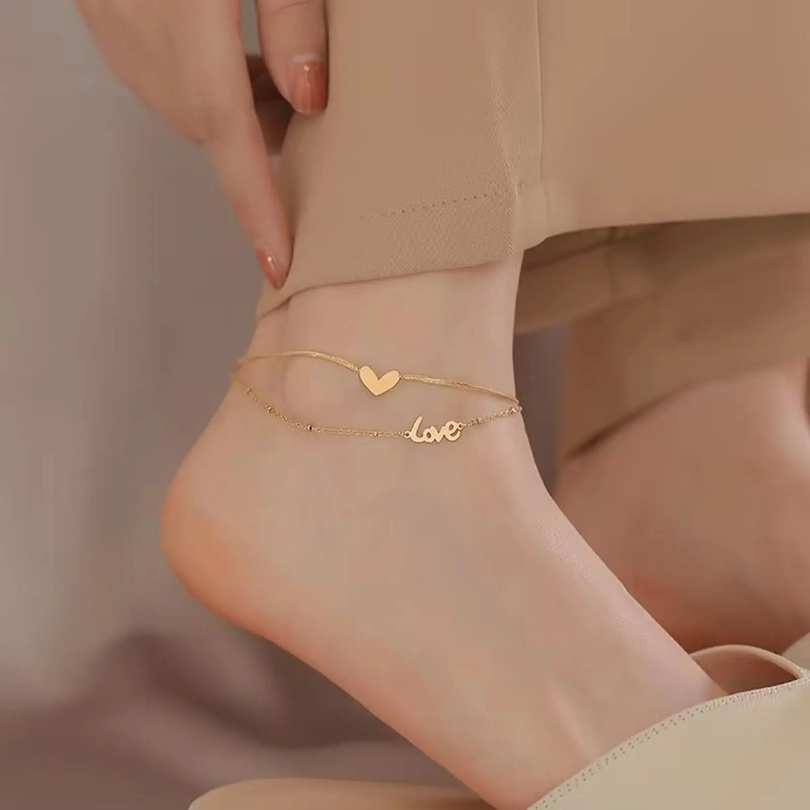 Stainless Steel Link Chain Multilayer Layered Anklet Heart "LOVE" On Foot Ankle Bracelets For Women Leg Chain Jewelry 20cm long