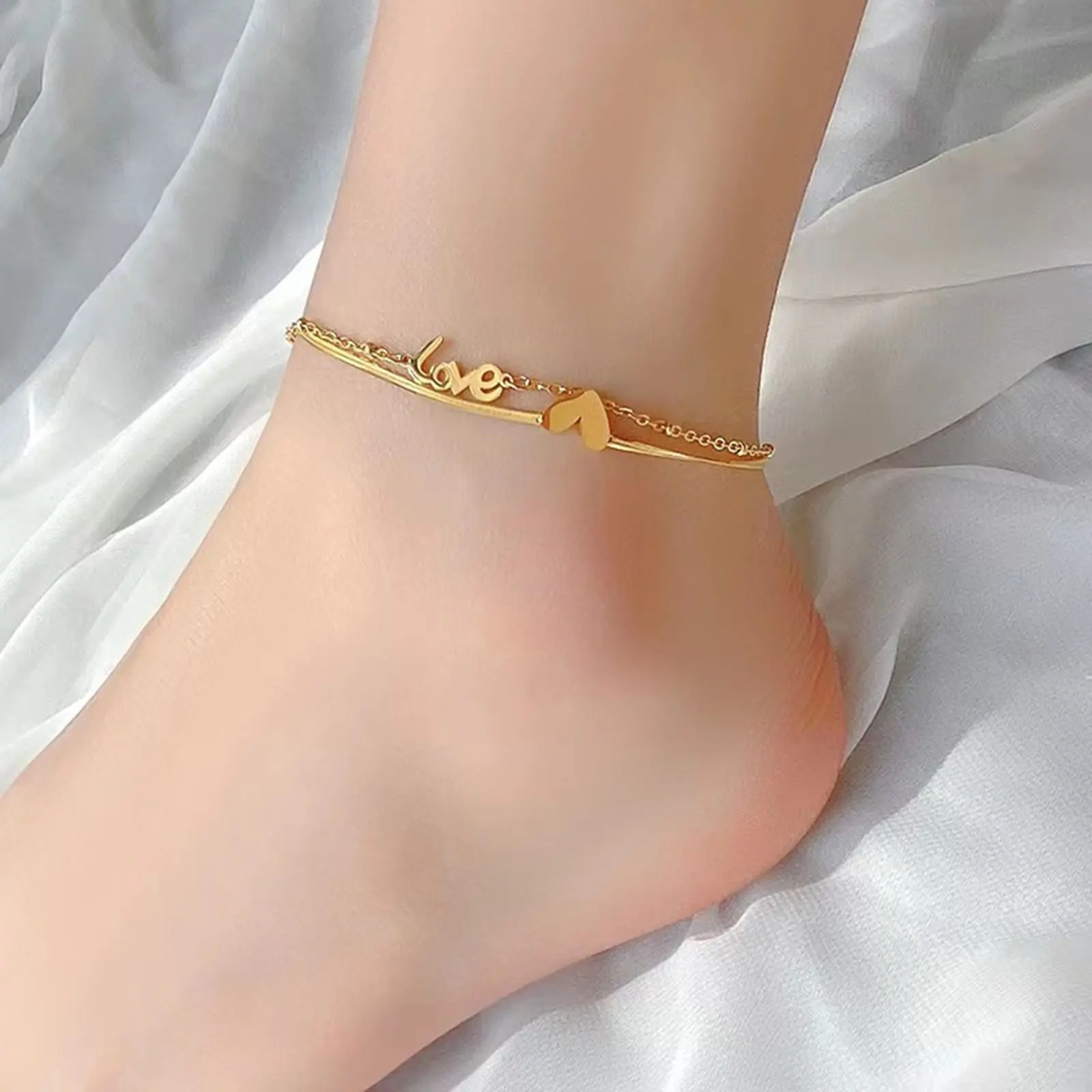 Stainless Steel Link Chain Multilayer Layered Anklet Heart "LOVE" On Foot Ankle Bracelets For Women Leg Chain Jewelry 20cm long