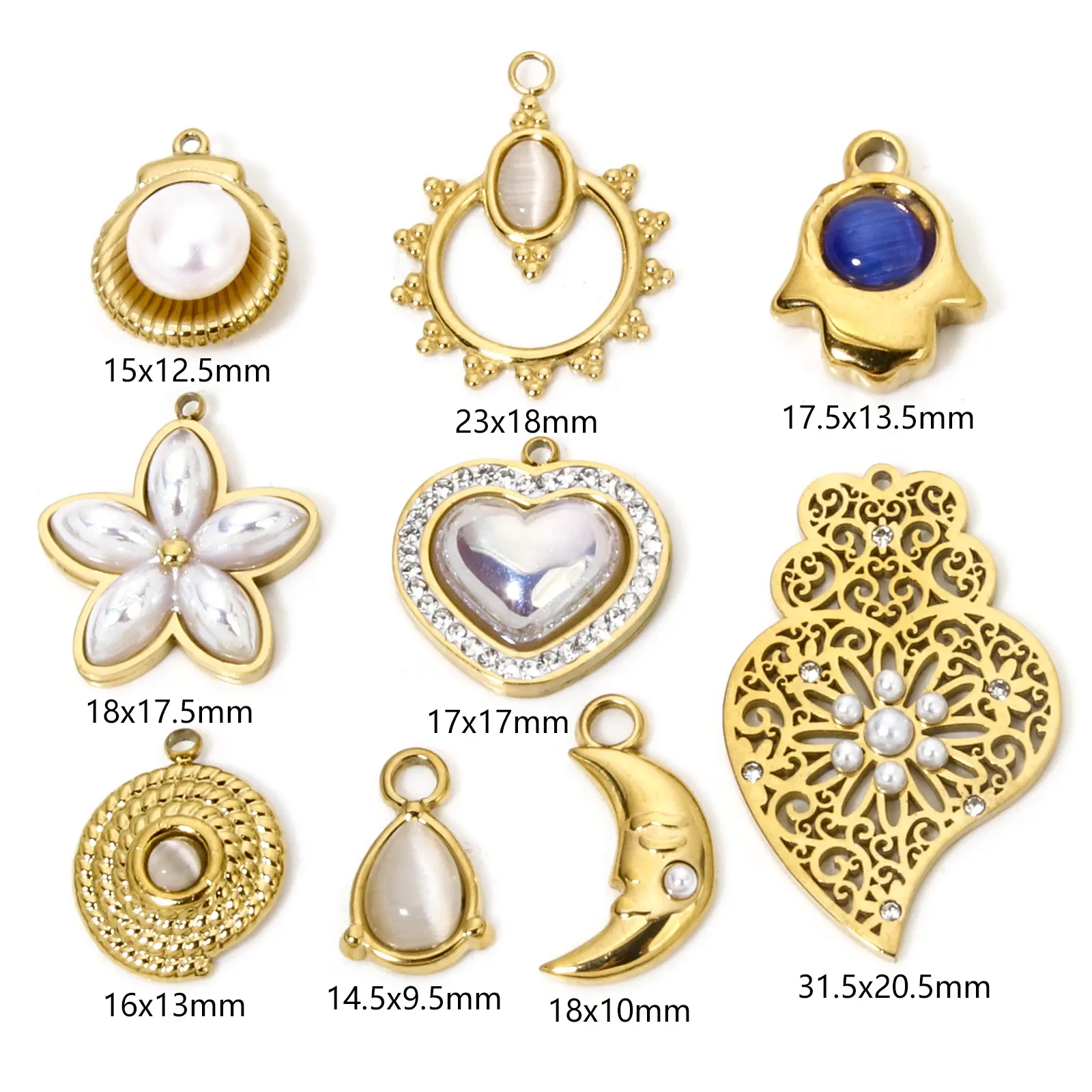 1 Piece Stainless Steel Charms Gold Plated Heart Filigree Shell Imitation Pearl Moon For Jewelry Making DIY Necklace Bracelet