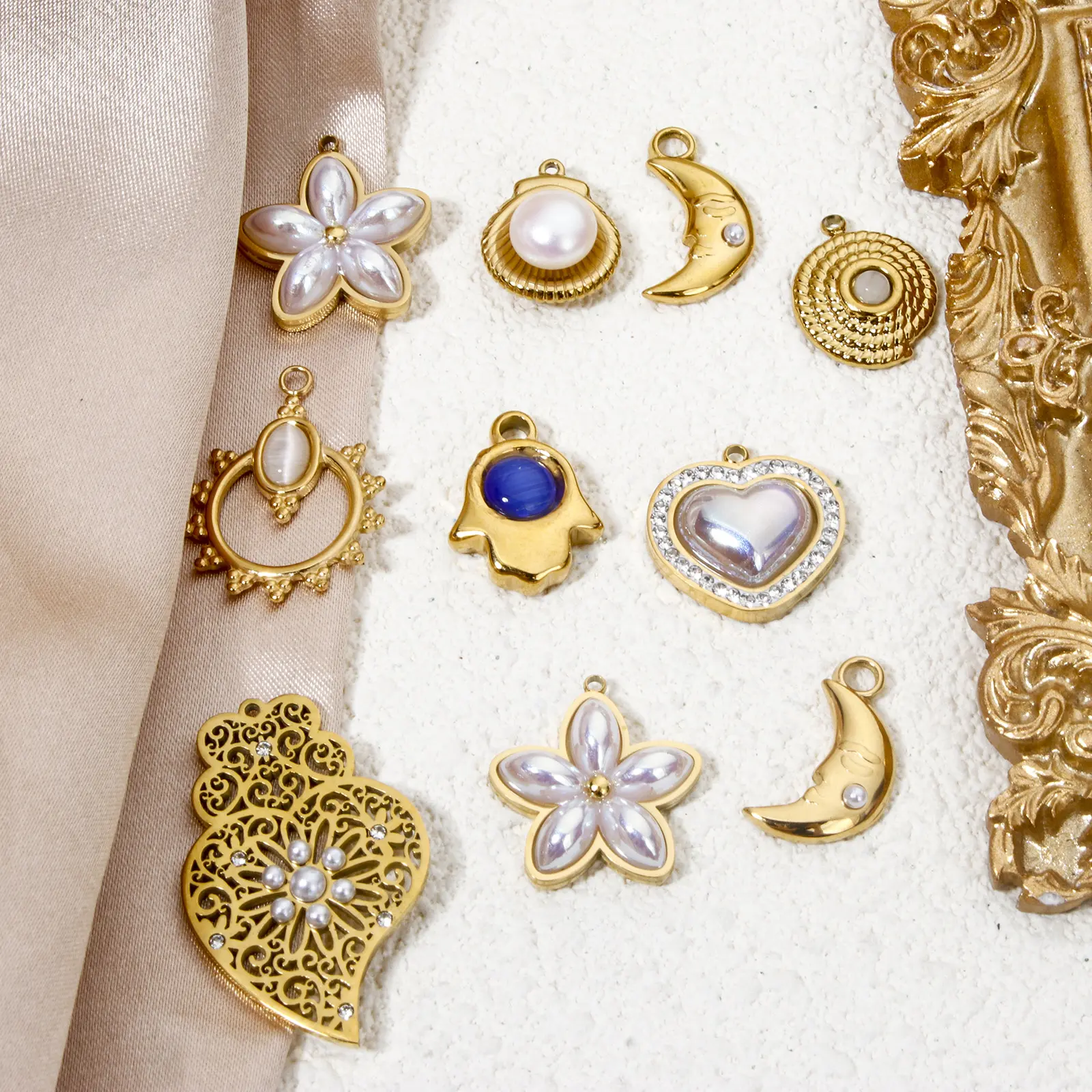 1 Piece Stainless Steel Charms Gold Plated Heart Filigree Shell Imitation Pearl Moon For Jewelry Making DIY Necklace Bracelet