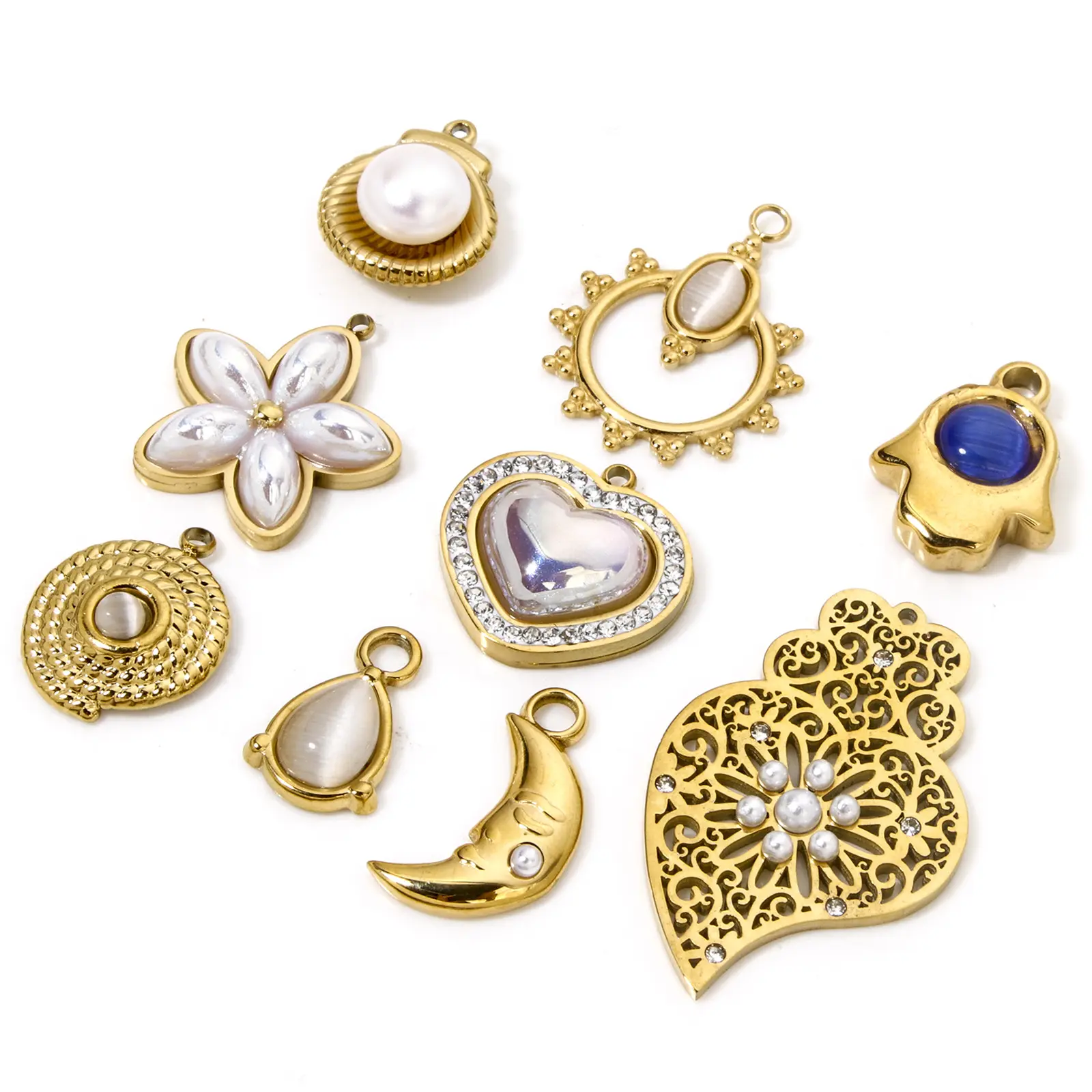 1 Piece Stainless Steel Charms Gold Plated Heart Filigree Shell Imitation Pearl Moon For Jewelry Making DIY Necklace Bracelet