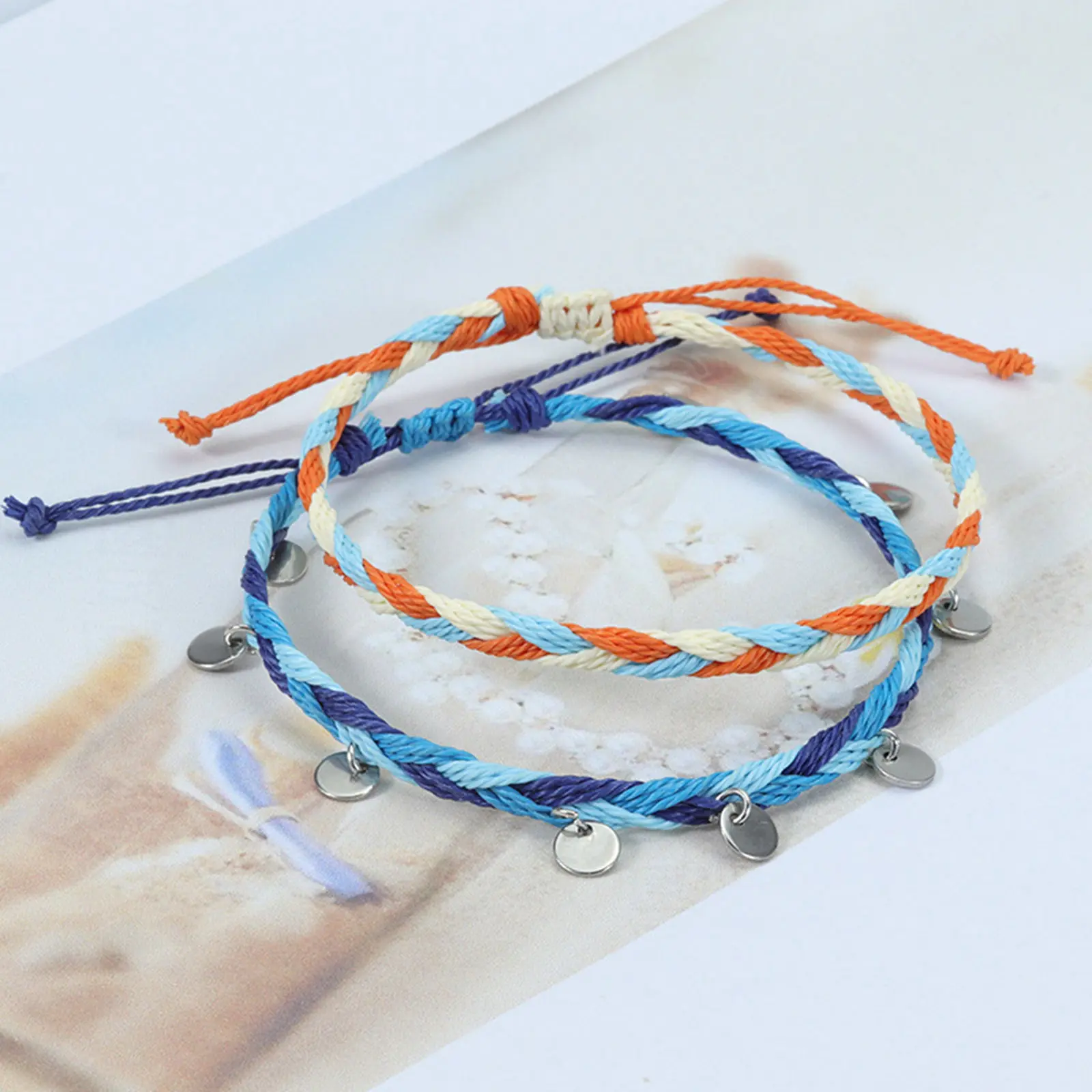 4PCs/Set Handmade Waterproof Wax Thread Woven Anklet Bohemian Stainless Steel Round Charms Bohemian Women Bracelet Beach Jewelry