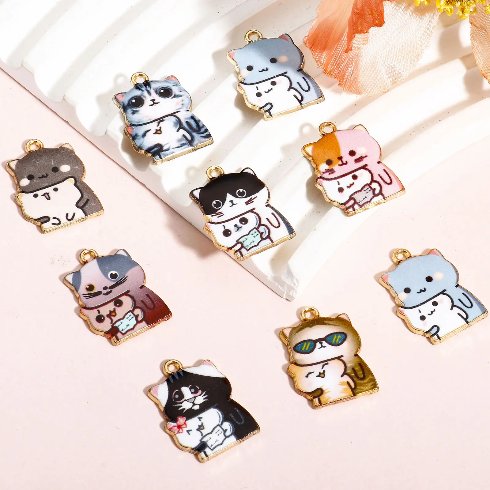 10Piece Cute Zinc Based Alloy Charms Multicolor Cat Animal Enamel Pendant DIY Neckalces for Jewelry Making Accessories 22mmx16mm
