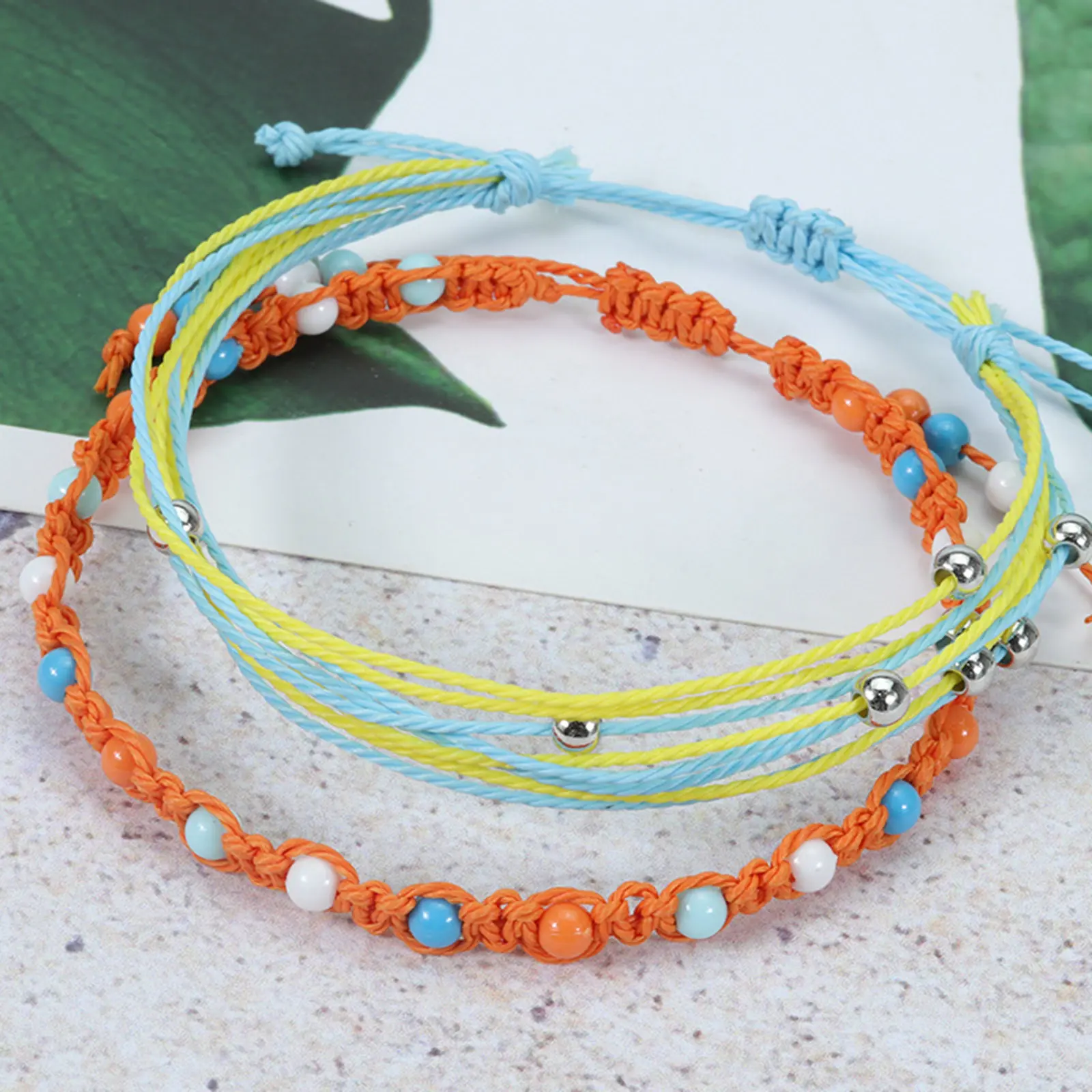 4PCs/Set Handmade Waterproof Wax Thread Woven Anklet Bohemian Stainless Steel Round Charms Bohemian Women Bracelet Beach Jewelry