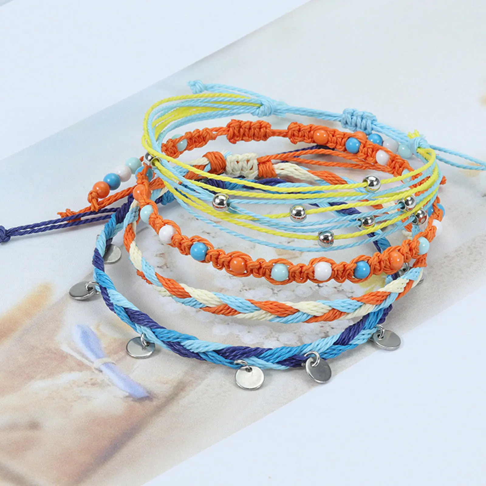 4PCs/Set Handmade Waterproof Wax Thread Woven Anklet Bohemian Stainless Steel Round Charms Bohemian Women Bracelet Beach Jewelry