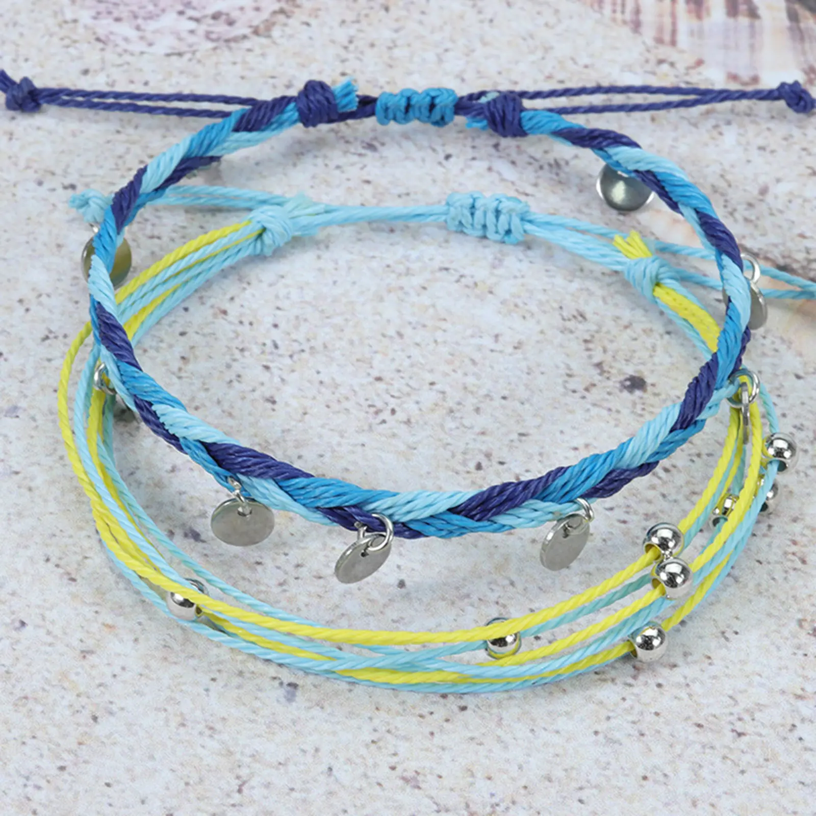 4PCs/Set Handmade Waterproof Wax Thread Woven Anklet Bohemian Stainless Steel Round Charms Bohemian Women Bracelet Beach Jewelry