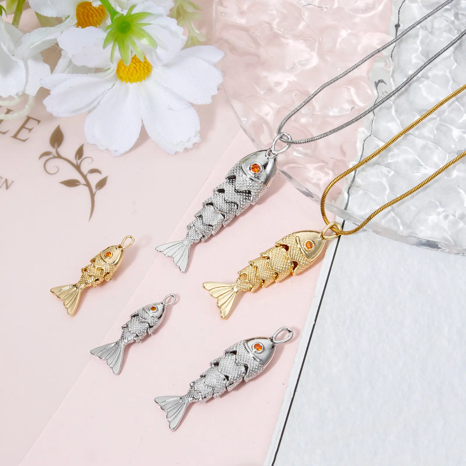 1 Piece Ocean Copper Golden Silvery Fish Shaped Pendant Pave Red Zircon Jewelry Charms For Diy Necklace Making Findings