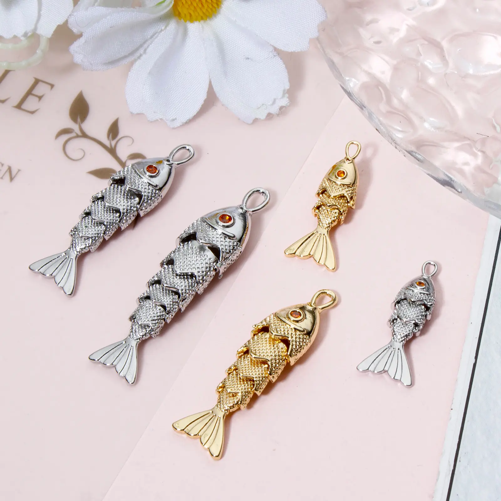 1 Piece Ocean Copper Golden Silvery Fish Shaped Pendant Pave Red Zircon Jewelry Charms For Diy Necklace Making Findings
