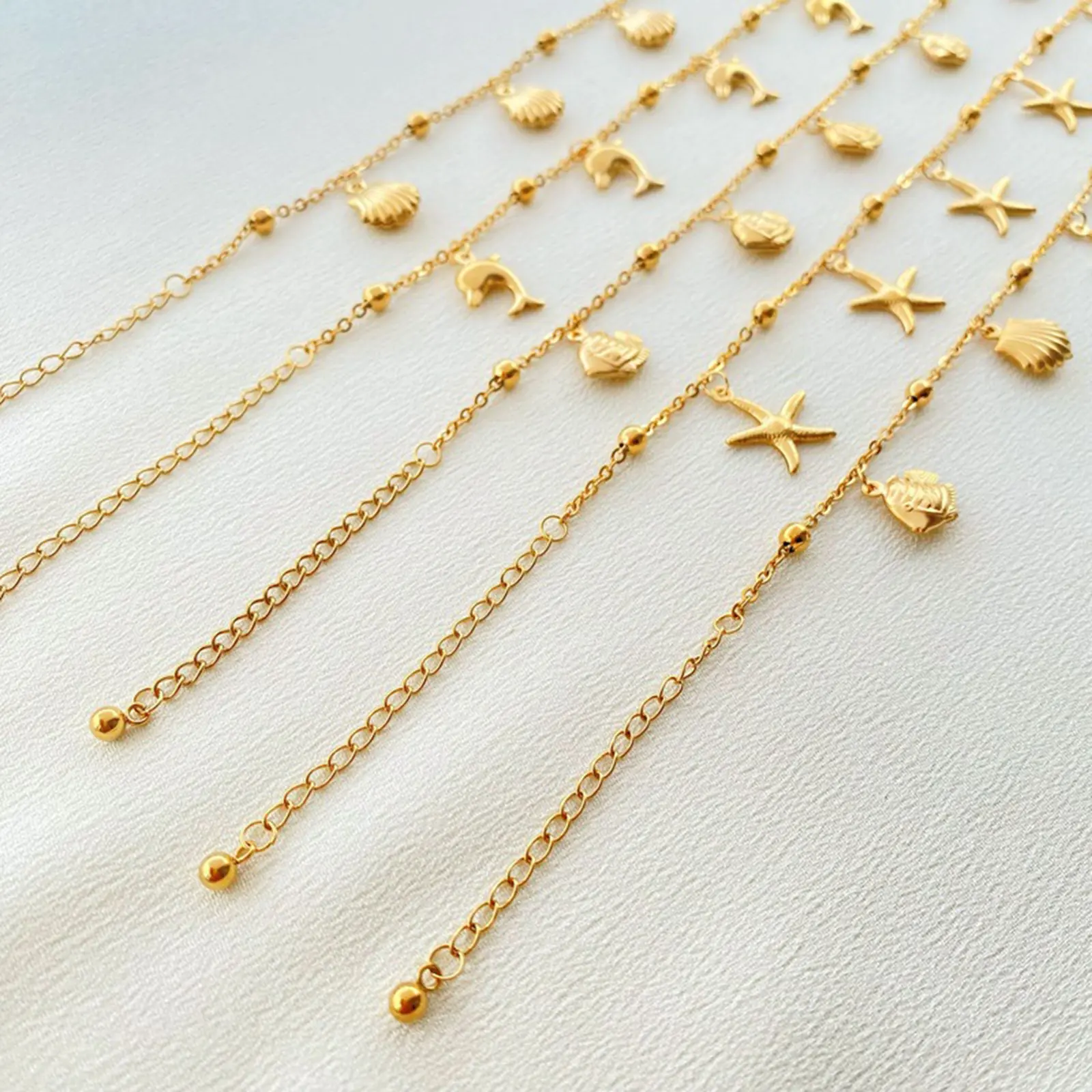 304 Stainless Steel Link Cable Chain Anklet Gold Color Marine Animal Dolphin Starfish For Women Beach 21cm(8 2/8") Long, 1 Piece