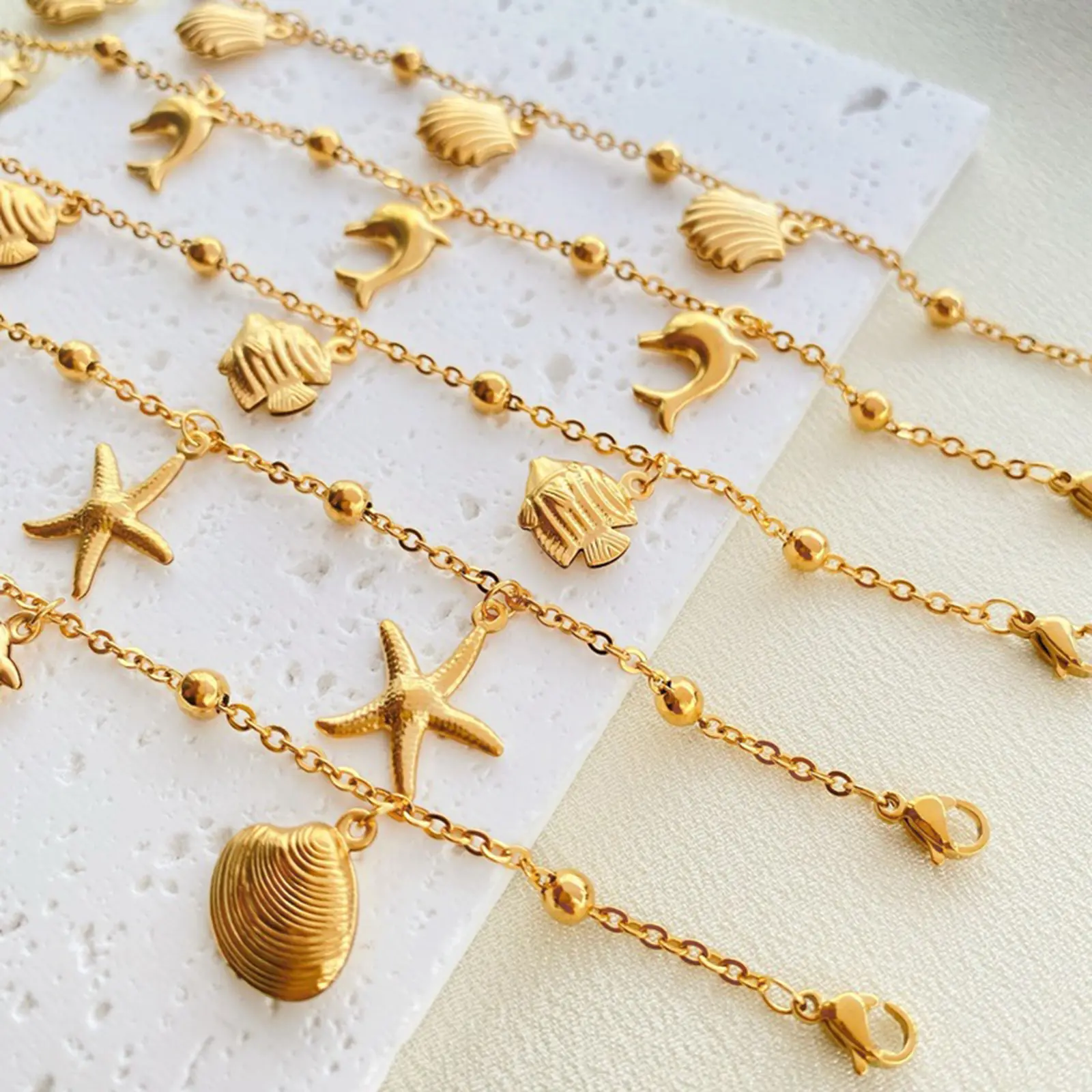 304 Stainless Steel Link Cable Chain Anklet Gold Color Marine Animal Dolphin Starfish For Women Beach 21cm(8 2/8") Long, 1 Piece